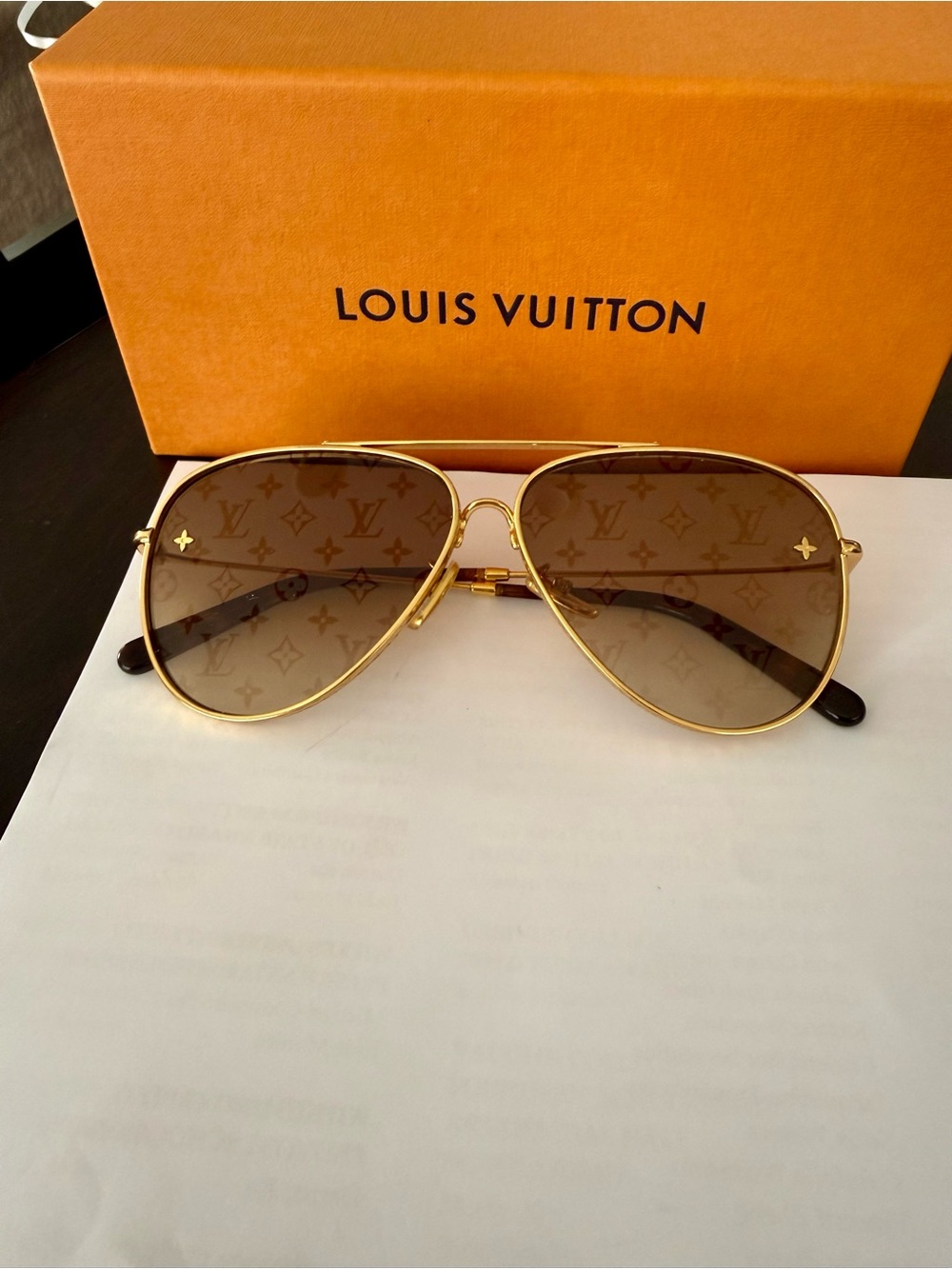 Louis Vuitton Gold Frame Brown Gradient Monogram Aviator Sunglasses WOMEN
